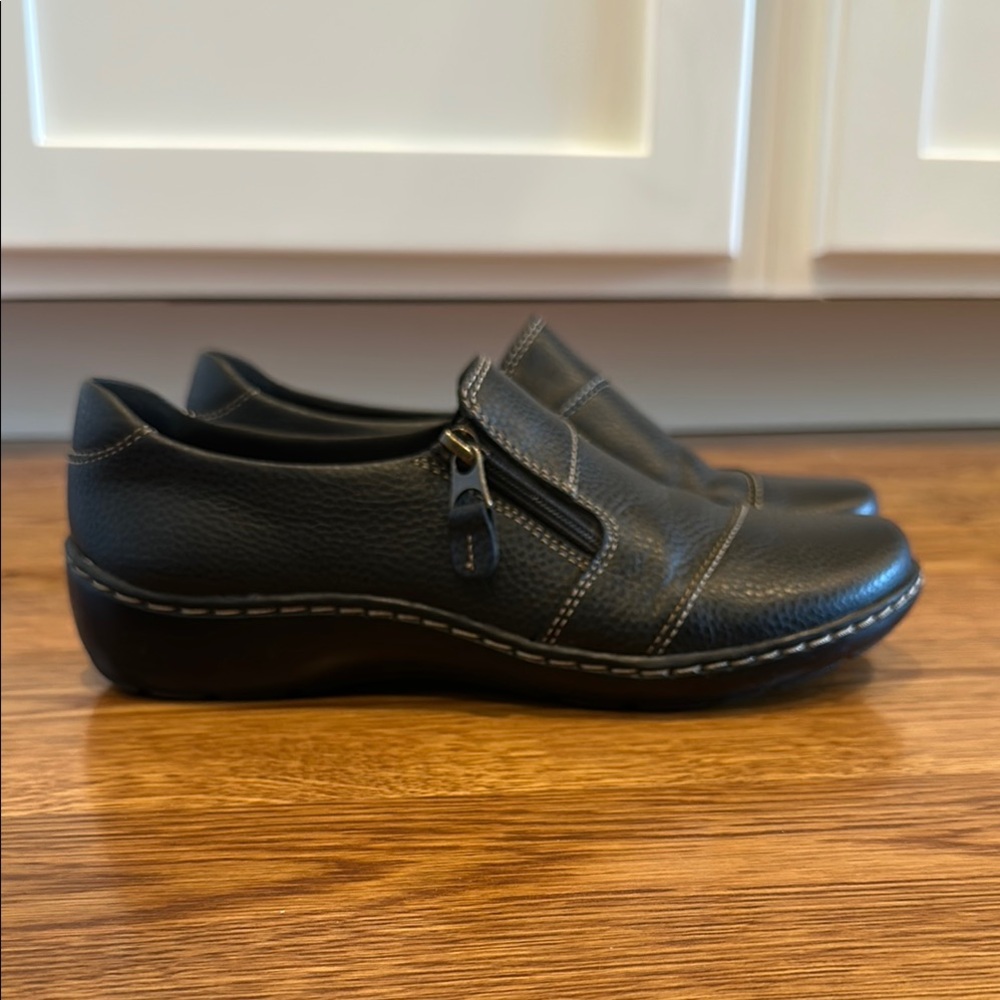 Clarks Black Leather Slip-On Loafers with Velcro Closure